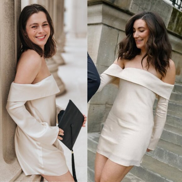 Reformation‎ Maves Satin Almond Ivory Off Shoulder Long Sleeve Mini Dress Size M - Picture 1 of 13